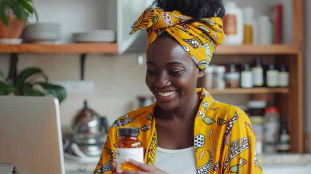 A woman in a yellow head wrap holding up some pills