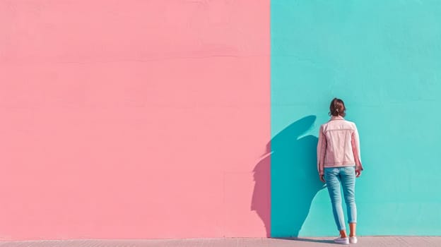 A woman standing in front of a pink and blue wall