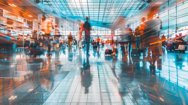 A blurry photo of a busy airport with people walking around