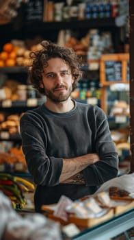 A man standing in a bakery with his arms crossed