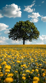 A lone tree in a field of yellow flowers with blue sky