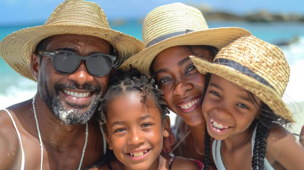 A family of three people wearing hats and sunglasses on the beach