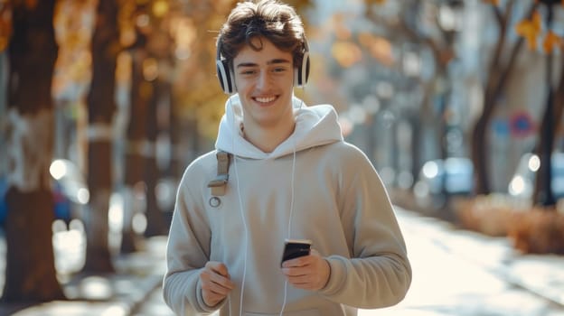 A young man wearing headphones and a hoodie walking down the street