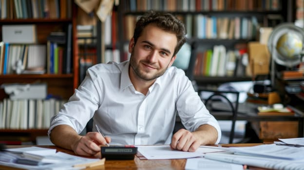 A man sitting at a desk with papers and books around him