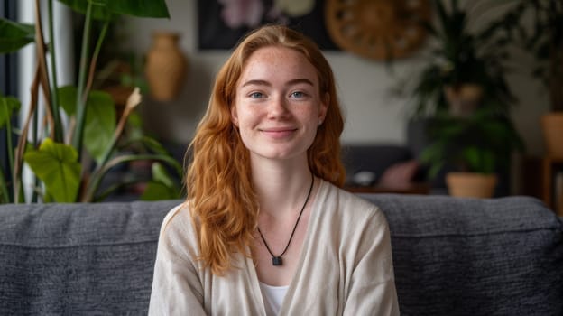 A woman with red hair sitting on a couch in front of plants