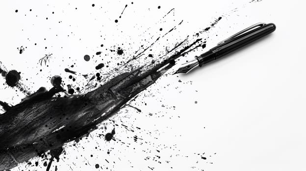 A fountain pen is splattered with ink on a white surface