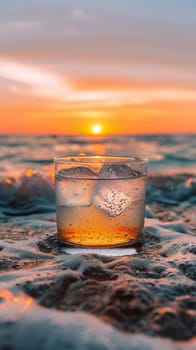 A glass of water with ice on the beach at sunset
