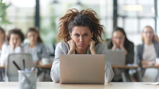 A woman sitting at a desk with her head in hands