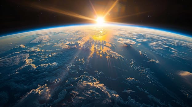 The sun is shining brightly over the earth from space