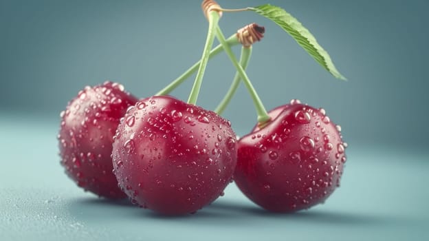 Three cherries with water droplets on them are shown