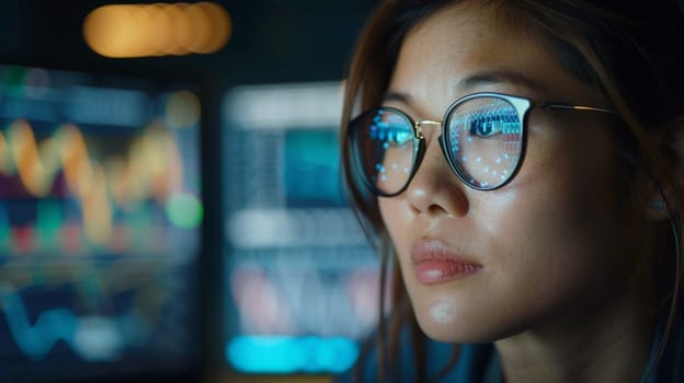 A woman wearing glasses looking at a screen with many different colors