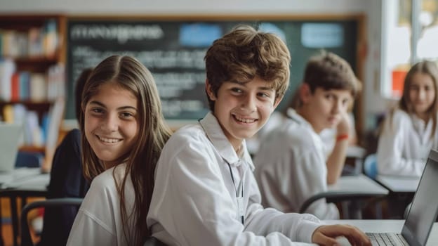 A group of a boy and girl sitting at desks with laptops