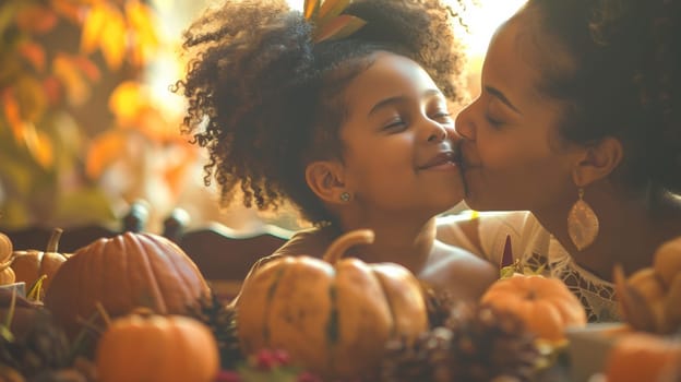 A woman and child kissing each other in front of a bunch of pumpkins
