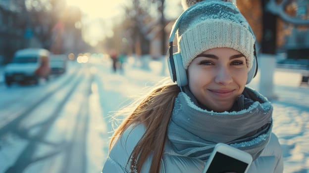 A woman in winter clothing holding a cell phone and smiling