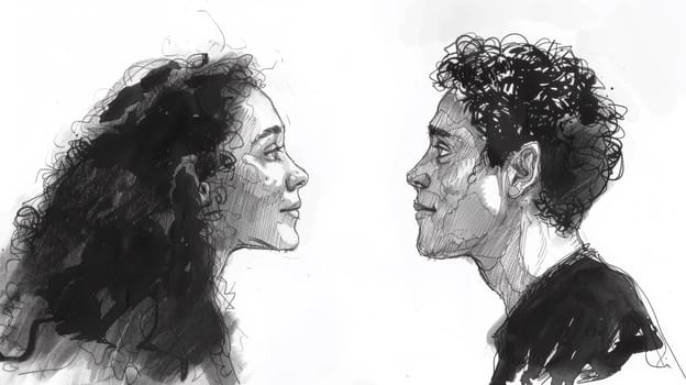 A drawing of a man and woman looking at each other