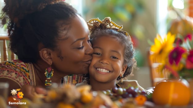 A woman and child sharing a kiss at the table