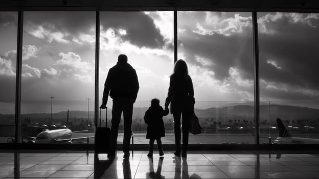 A family is standing in front of an airport window with luggage