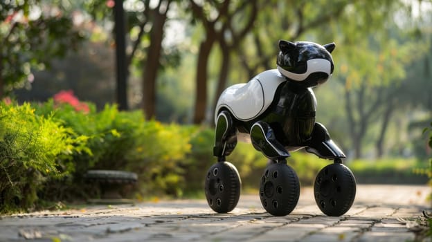 A toy dog on wheels with a black and white body