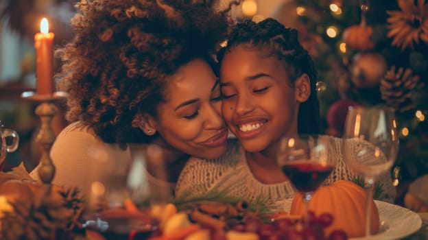 Two women are smiling at each other while sitting next to a table