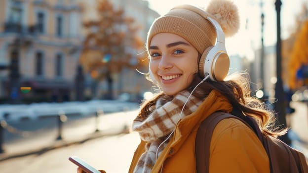 A woman in a winter coat with headphones and earmuffs