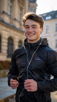 A man in a black jacket smiling while listening to music