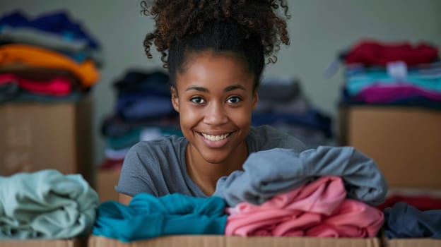 A woman smiling while sitting in front of a box full of clothes