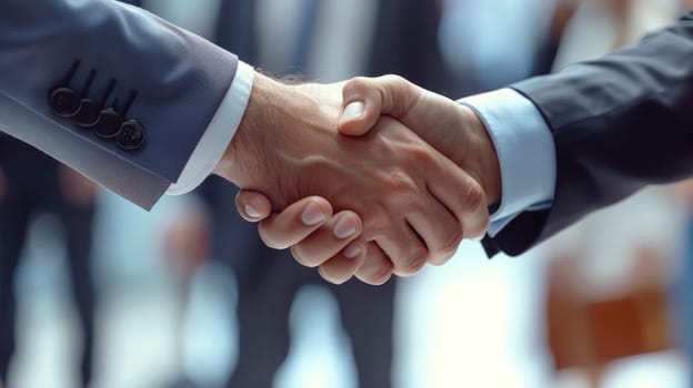 Two men shaking hands in a business setting with other people