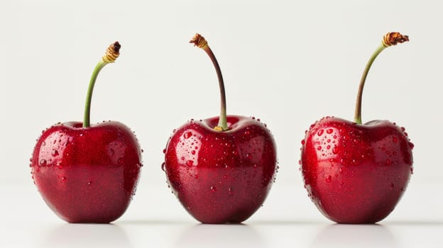 Three cherries with water droplets on them are shown