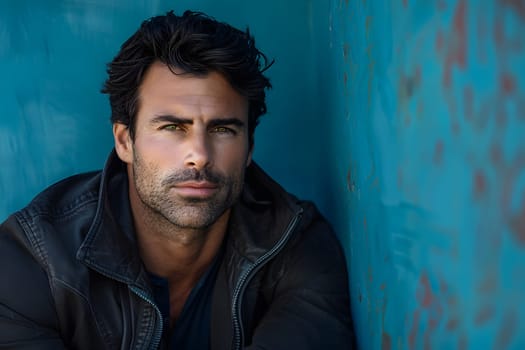 A man with facial hair and a leather jacket is leaning against a blue wall, with his forehead resting on his folded arm