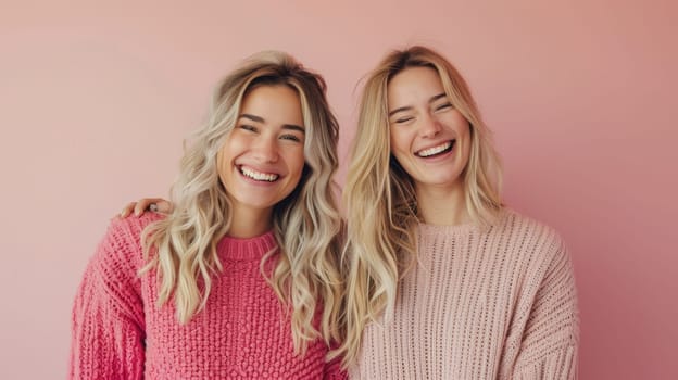 Two women in pink sweaters smiling at the camera