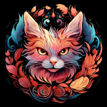 Decorative romantic portrait of a cat in a floral pattern circle. Template for sticker, t-shirt print, poster, etc.