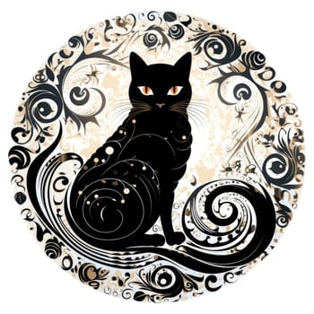 Decorative romantic portrait of a cat in a floral pattern circle. Template for sticker, t-shirt print, poster, etc.