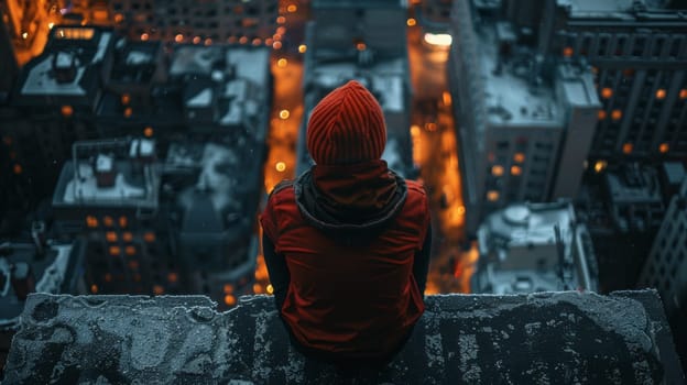 A person sitting on a ledge looking at the city lights