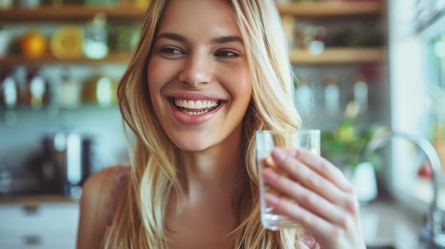 A woman holding a glass of water and smiling