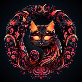 Decorative romantic portrait of a cat in a floral pattern circle. Template for sticker, t-shirt print, poster, etc.