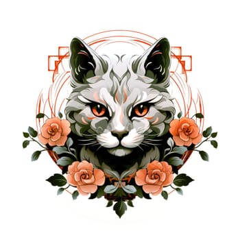 Decorative romantic portrait of a cat in a floral pattern circle. Template for sticker, t-shirt print, poster, etc.