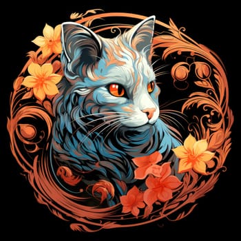 Decorative romantic portrait of a cat in a floral pattern circle. Template for sticker, t-shirt print, poster, etc.