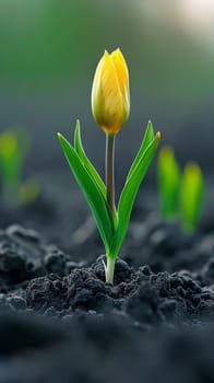 A single yellow flower growing out of the ground in a field