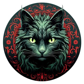 Decorative romantic portrait of a cat in a floral pattern circle. Template for sticker, t-shirt print, poster, etc.