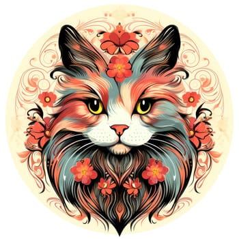 Decorative romantic portrait of a cat in a floral pattern circle. Template for sticker, t-shirt print, poster, etc.