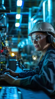 A woman in a hard hat and safety glasses working on an electronic device