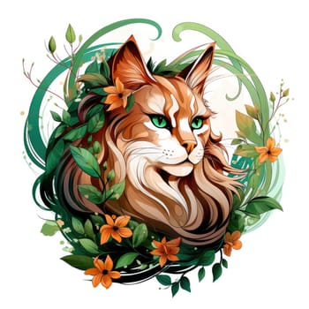 Decorative romantic portrait of a cat in a floral pattern circle. Template for sticker, t-shirt print, poster, etc.