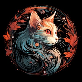 Decorative romantic portrait of a cat in a floral pattern circle. Template for sticker, t-shirt print, poster, etc.