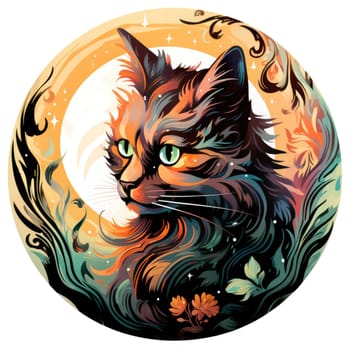 Decorative romantic portrait of a cat in a floral pattern circle. Template for sticker, t-shirt print, poster, etc.