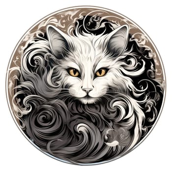 Decorative romantic portrait of a cat in a floral pattern circle. Template for sticker, t-shirt print, poster, etc.