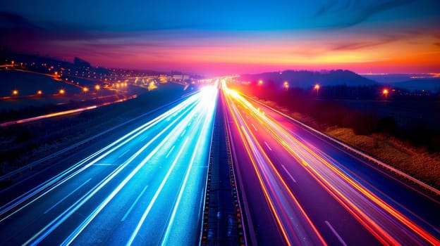 A highway with streaks of light on the side and a sky