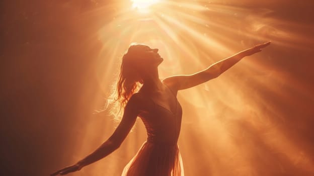 A woman in a dress with her arms outstretched and sun shining