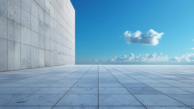 A large white floor with a blue sky in the background