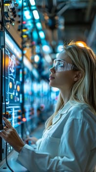 A woman in lab coat looking at a computer screen