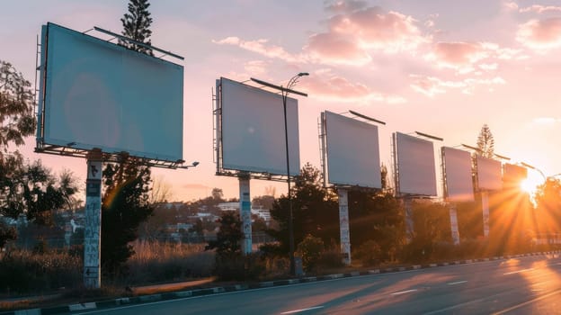 A row of billboards on a highway with the sun setting in front